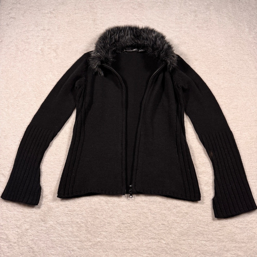 Tomfoolery Black Faux Fur Collar Zip Front Ribbed Cardigan Sweater Small‎ Y2K